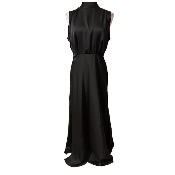 Lulus Maxi Long Dress Large Black Satin Mock Neck A Line Sleeveless NEW - Picture 2 of 12